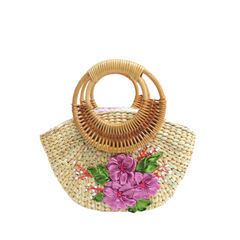 Convex Water Hyacinth Bag With Rattan Handle 2