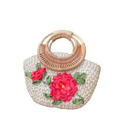 Convex Water Hyacinth Bag With Rattan Handle 2