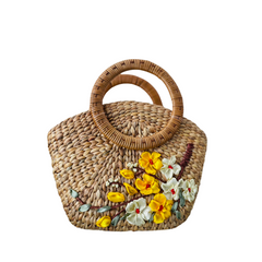 Convex Water Hyacinth Bag With Rattan Handle 2