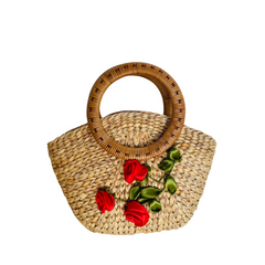 Convex Water Hyacinth Bag With Rattan Handle 3
