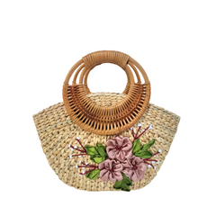 Convex Water Hyacinth Bag With Rattan Handle 3