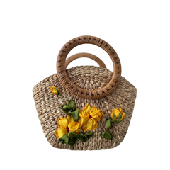 Convex Water Hyacinth Bag With Rattan Handle 1