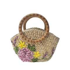 Convex Water Hyacinth Bag With Rattan Handle 3