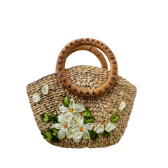 Convex Water Hyacinth Bag With Rattan Handle 1