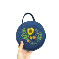 Handmade Upcycled Denim Embroidered Round Bag