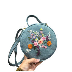 Handmade Upcycled Denim Embroidered Round Bag
