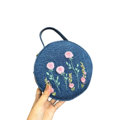 Handmade Upcycled Denim Embroidered Round Bag