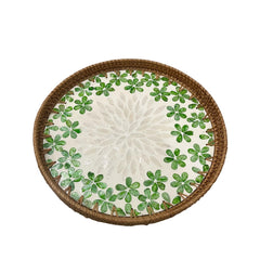 Handcrafted Round Rattan Tray With Mother Of Pearl Inlay 2