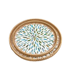 Handcrafted Round Rattan Tray With Mother Of Pearl Inlay 3