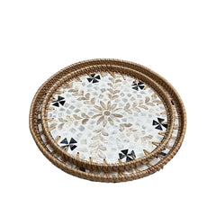 Handcrafted Round Rattan Tray With Mother Of Pearl Inlay 4