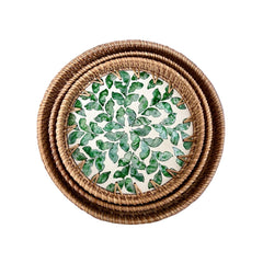 Handcrafted Round Rattan Tray With Mother Of Pearl Inlay