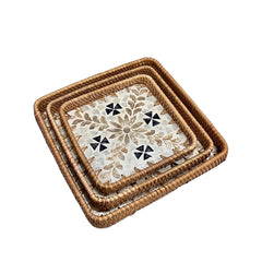 Handcrafted Square Tray Rattan Tray With Mother Of Pearl Inlay