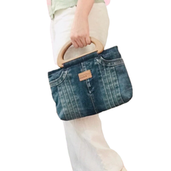 Handmade Upcycled Denim Wooden Handle Handbag