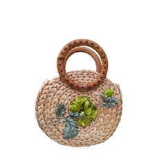 Round Water Hyacinth Bag With Rattan Handle