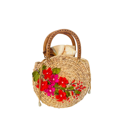 Round Water Hyacinth Bag With Rattan Handle
