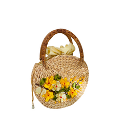 Round Water Hyacinth Bag With Rattan Handle