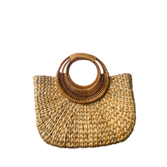 Square Water Hyacinth Bag With Rattan Handle