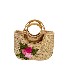 Square Water Hyacinth Bag With Rattan Handle
