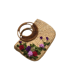 Square Water Hyacinth Bag With Rattan Handle