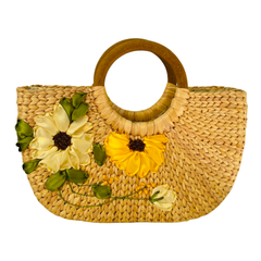 Square Water Hyacinth Bag with Wooden Handle 3
