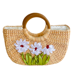 Square Water Hyacinth Bag with Wooden Handle 3