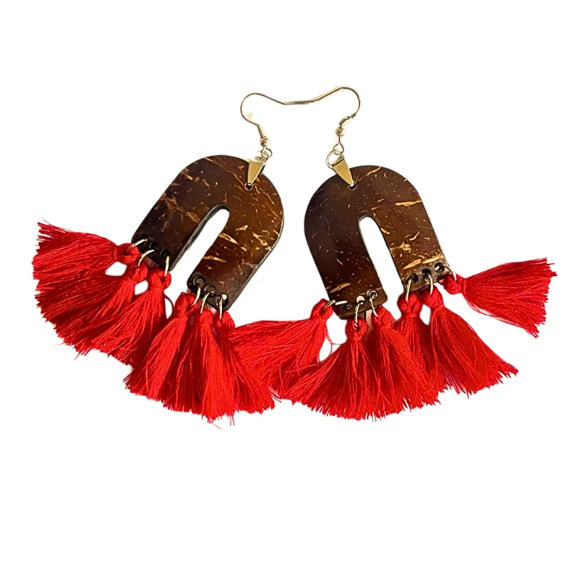 Bohemi Style Coconut Earrings With Fragances, Red