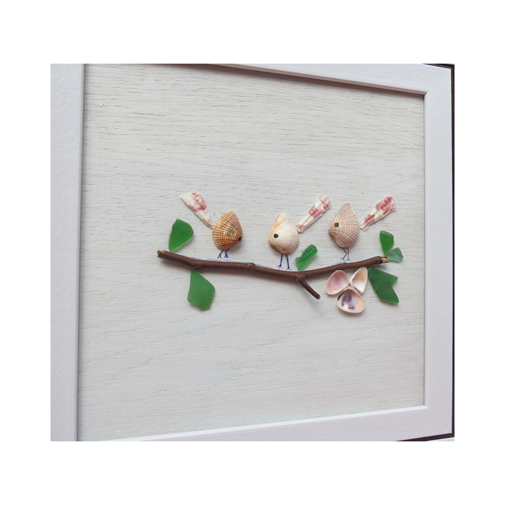 Bird On Tree Branch Painting From Seashell