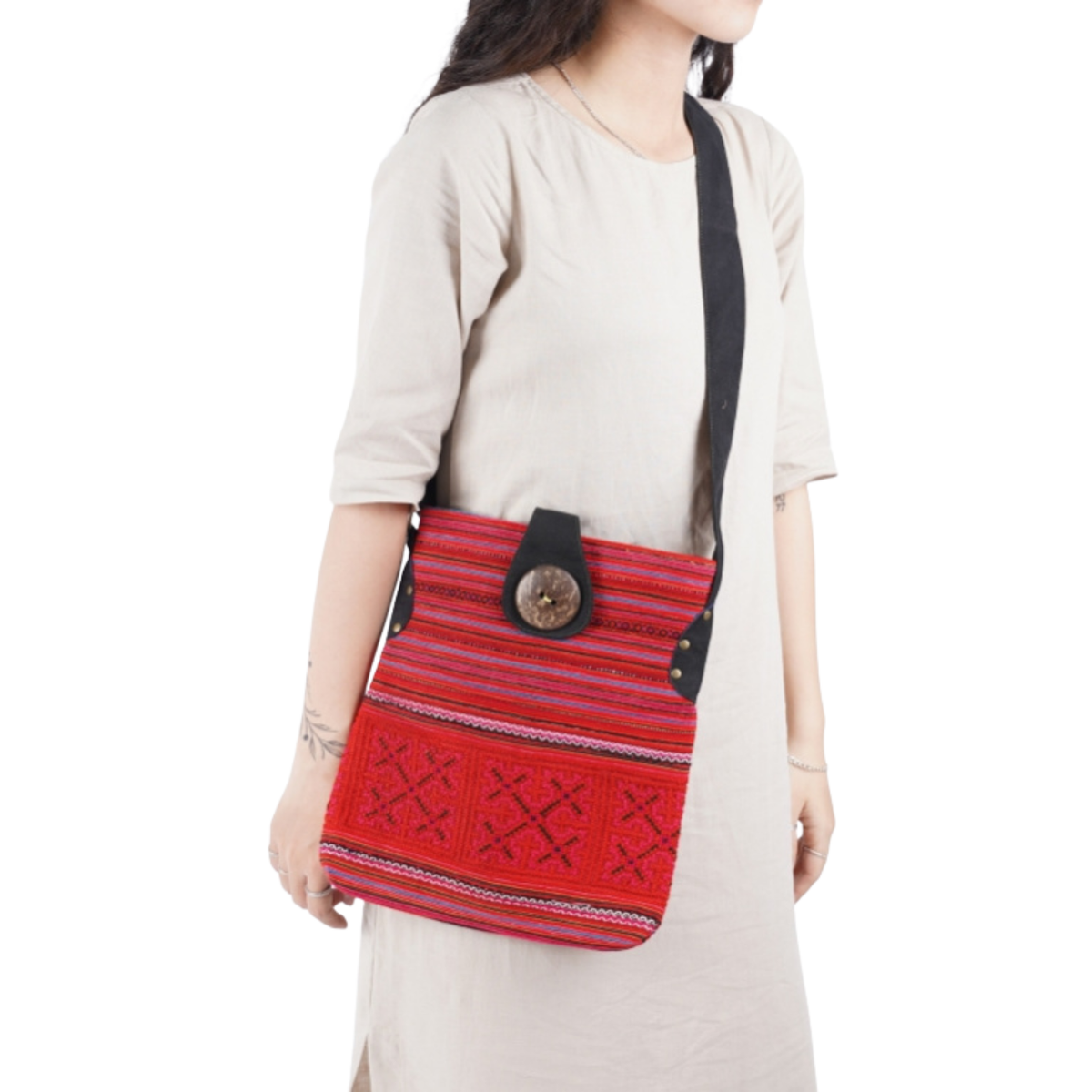 Hand-Woven Brocade Crossbody Bag With Coconut Button