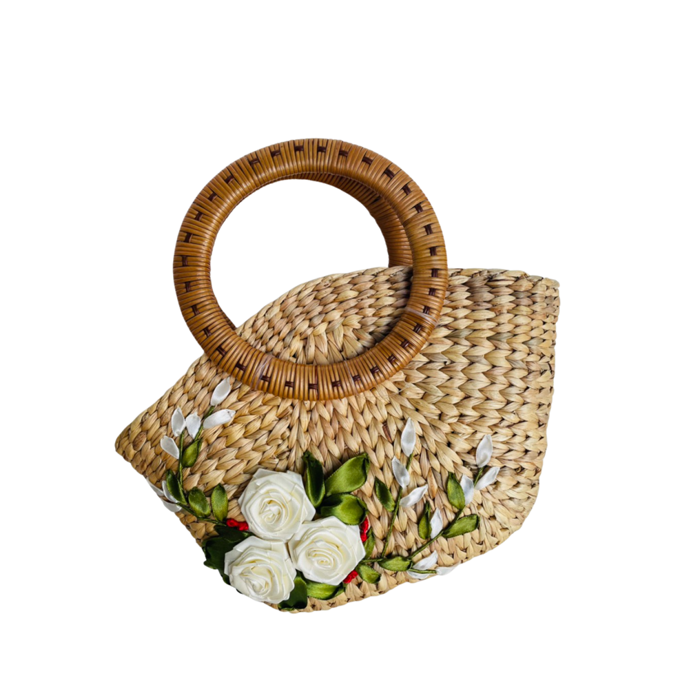 Convex Water Hyacinth Bag With Rattan Handle 2
