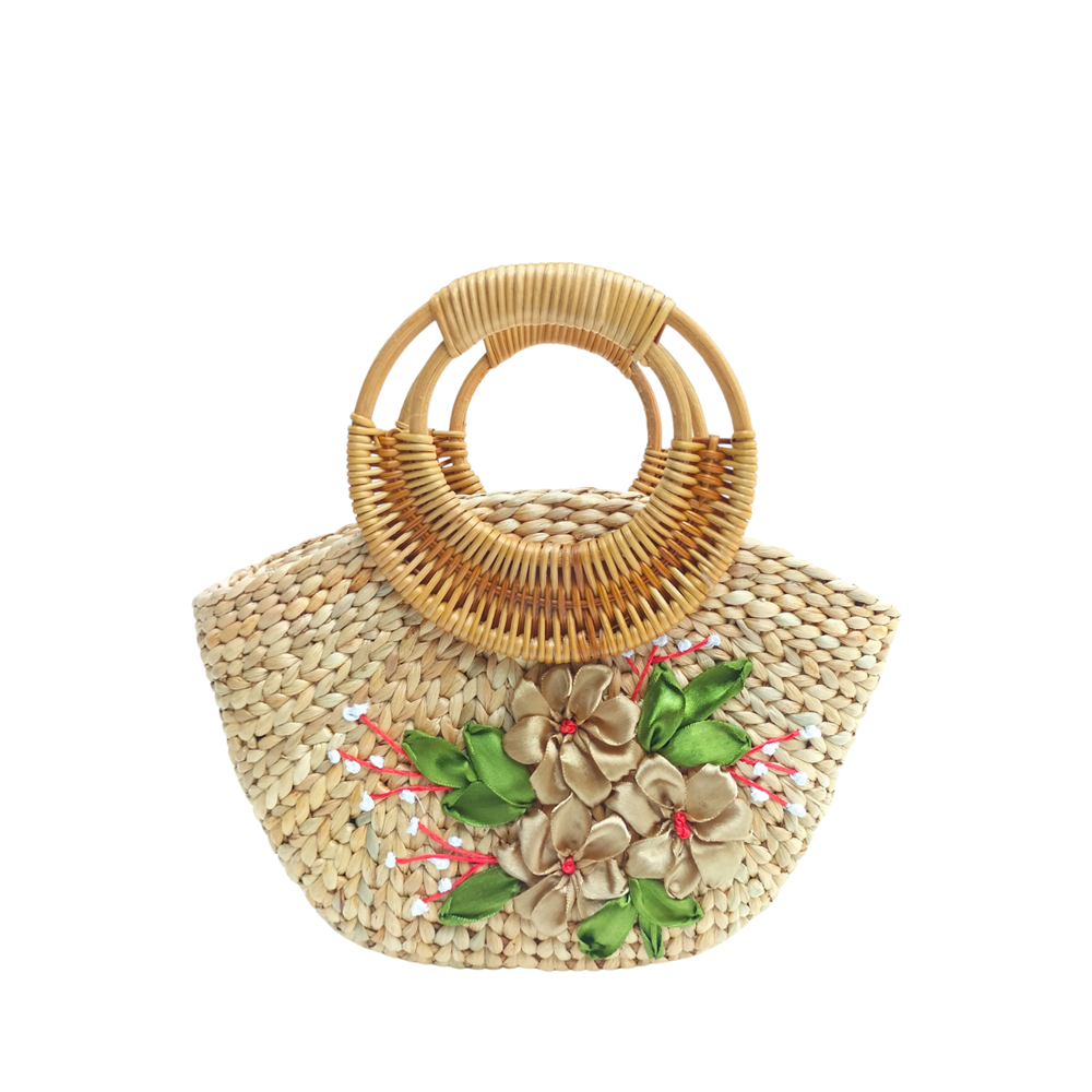 Convex Water Hyacinth Bag With Rattan Handle 2