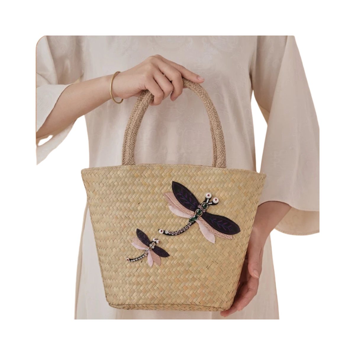 Dragonfly Patterned Straw Bag