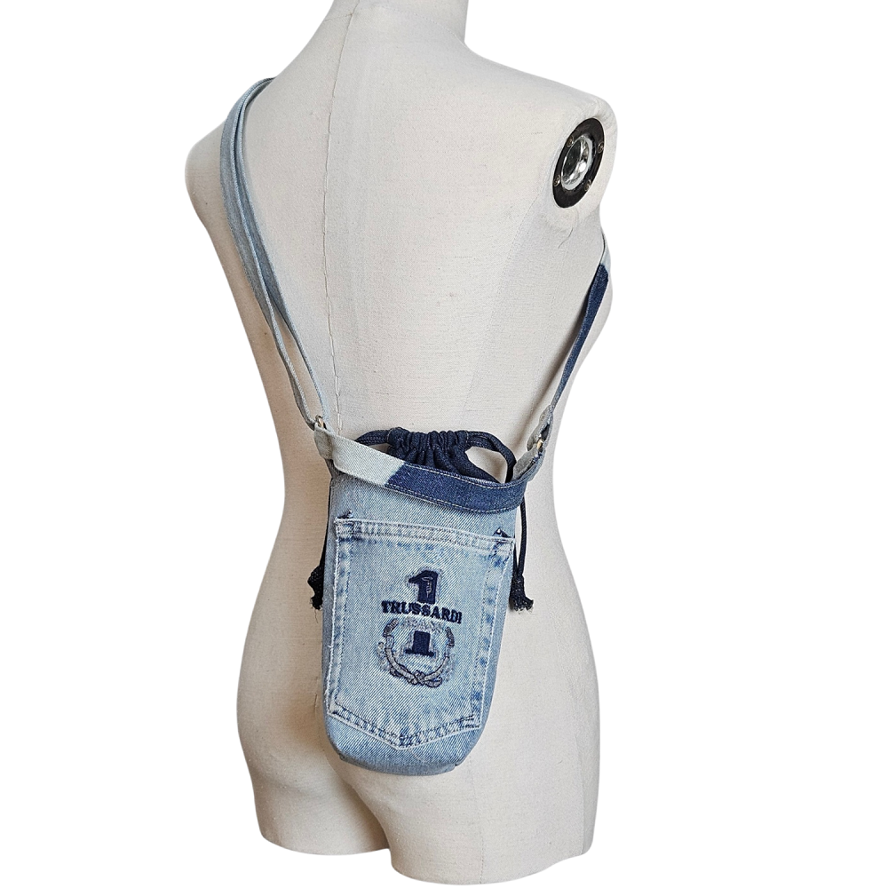 Handmade Upcycled Denim Drawstring Water  Bottle Bag