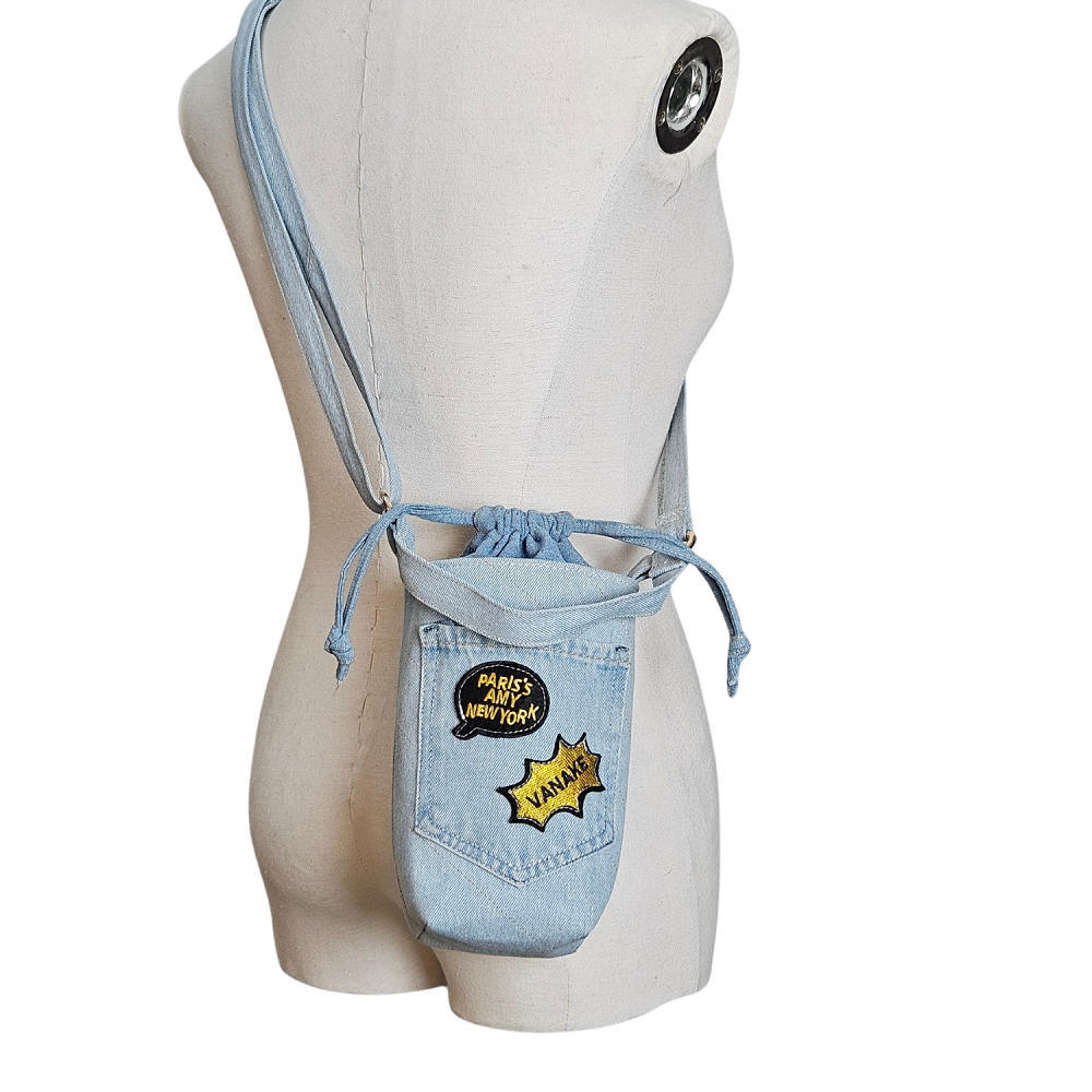 Handmade Upcycled Denim Drawstring Water  Bottle Bag