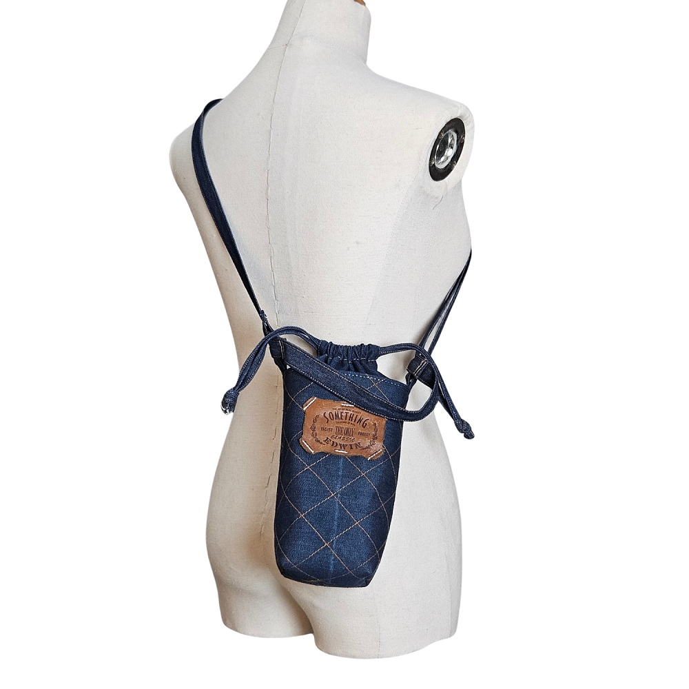 Handmade Upcycled Denim Drawstring Water  Bottle Bag