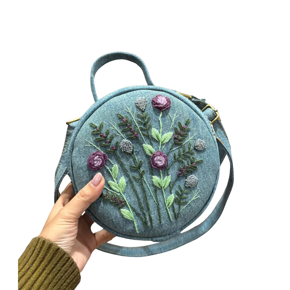 Handmade Upcycled Denim Embroidered Round Bag