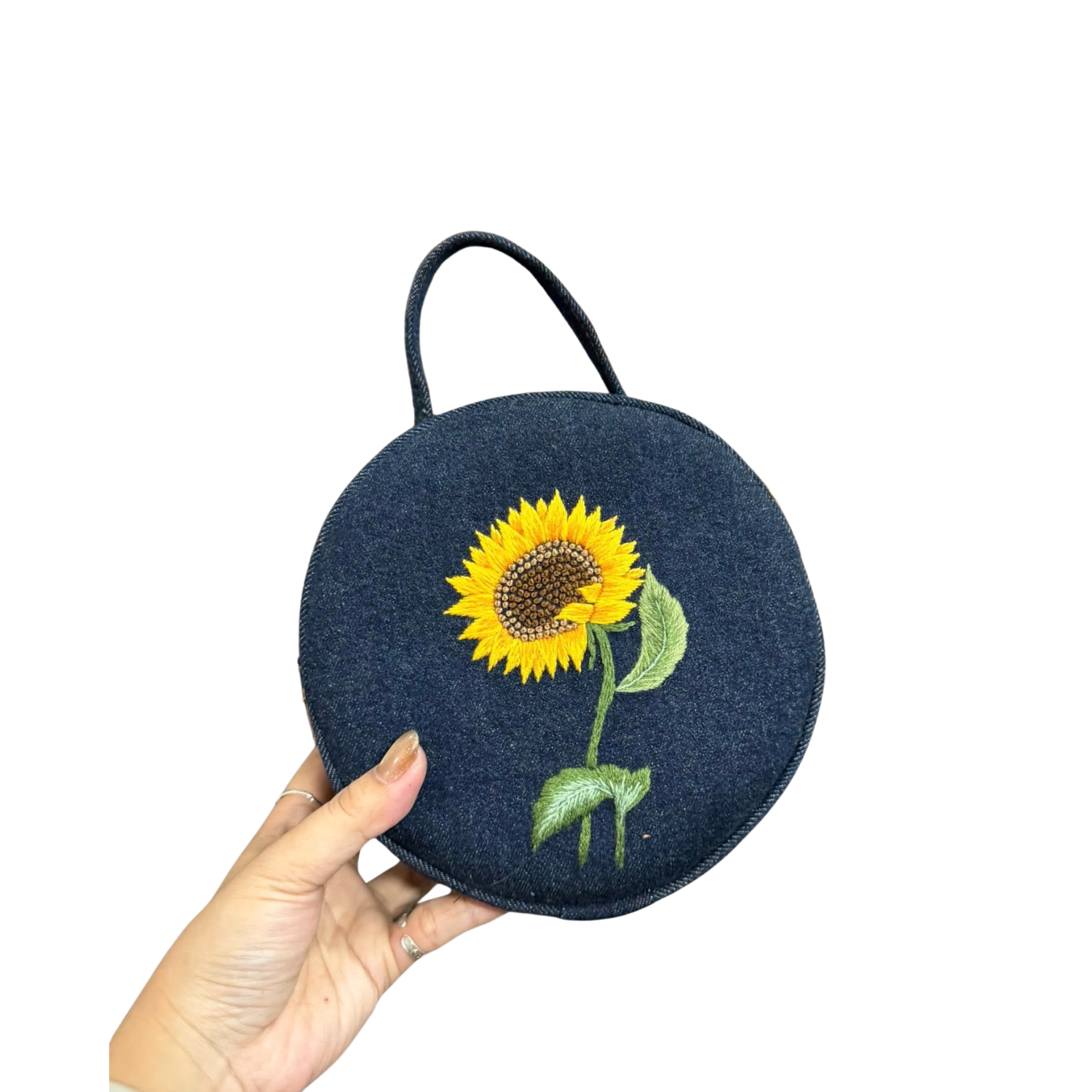 Handmade Upcycled Denim Embroidered Round Bag