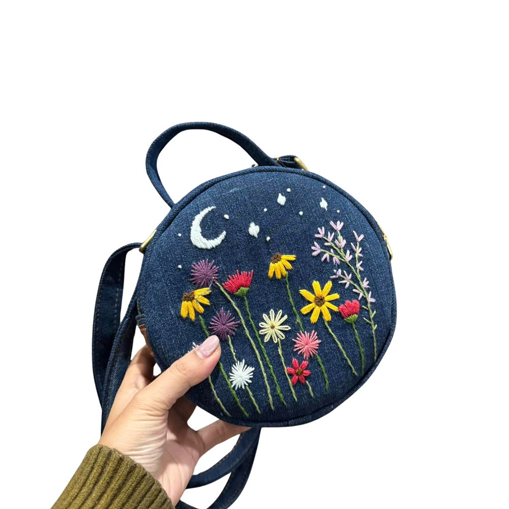 Handmade Upcycled Denim Embroidered Round Bag