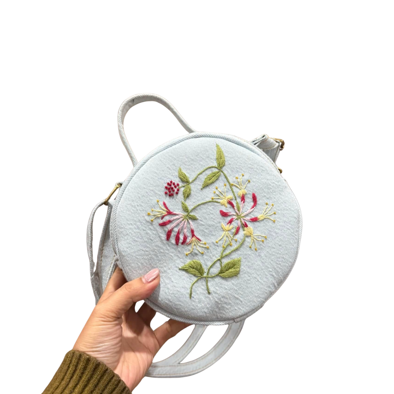 Handmade Upcycled Denim Embroidered Round Bag