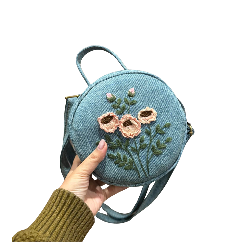 Handmade Upcycled Denim Embroidered Round Bag