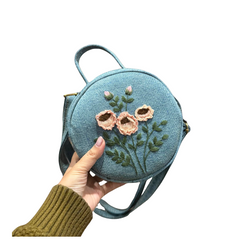 Handmade Upcycled Denim Embroidered Round Bag