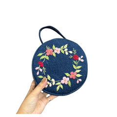 Handmade Upcycled Denim Embroidered Round Bag