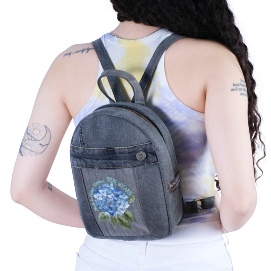 Handmade Upcycled Denim Embroidered Backpack