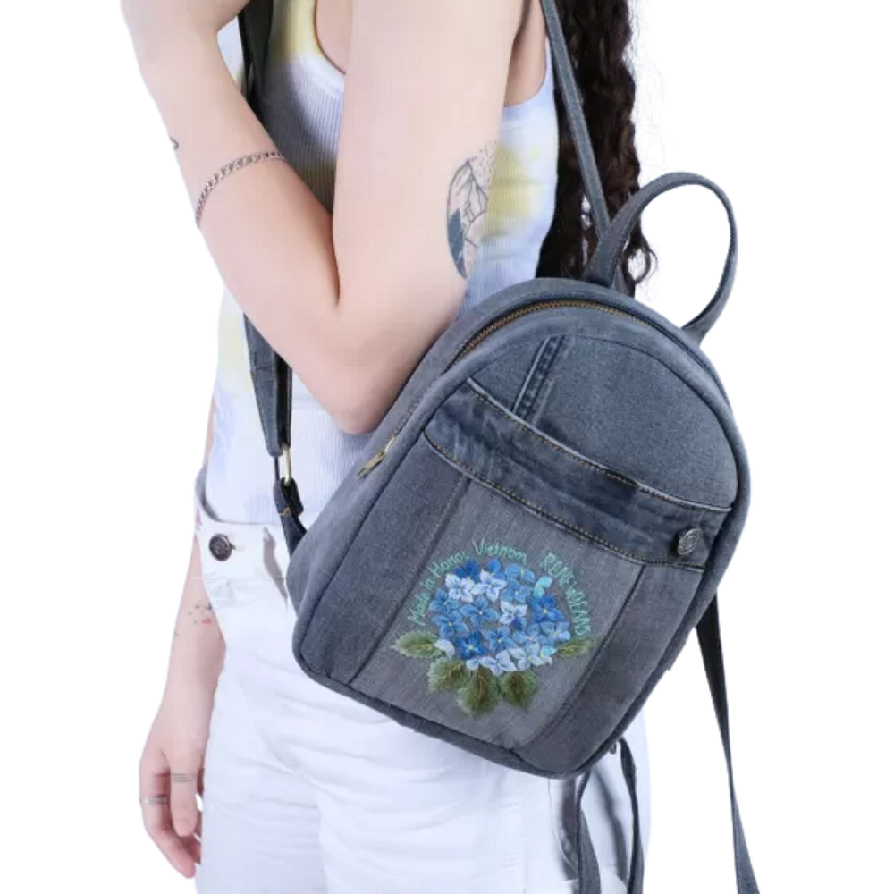 Handmade Upcycled Denim Embroidered Backpack