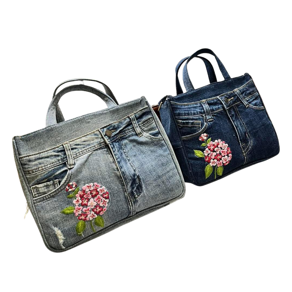 Handmade Upcycled Denim Embroidered Ribbed Box Bag
