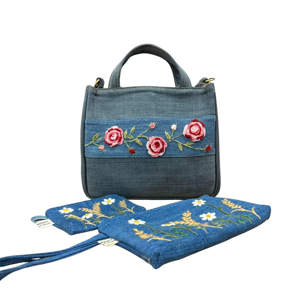 Handmade Upcycled Denim Embroidered Ribbed Box Bag