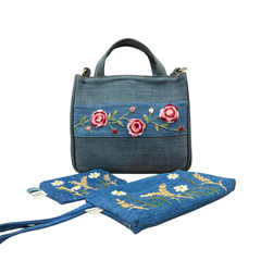 Handmade Upcycled Denim Embroidered Ribbed Box Bag