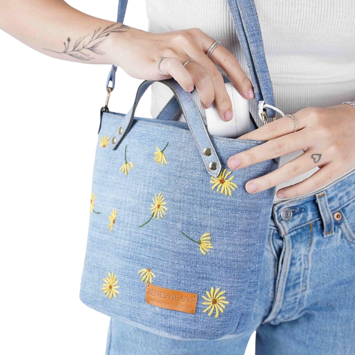 Handmade Upcycled Denim Floral Embroidered Tote Bag