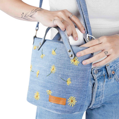 Handmade Upcycled Denim Floral Embroidered Tote Bag