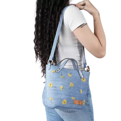 Handmade Upcycled Denim Floral Embroidered Tote Bag