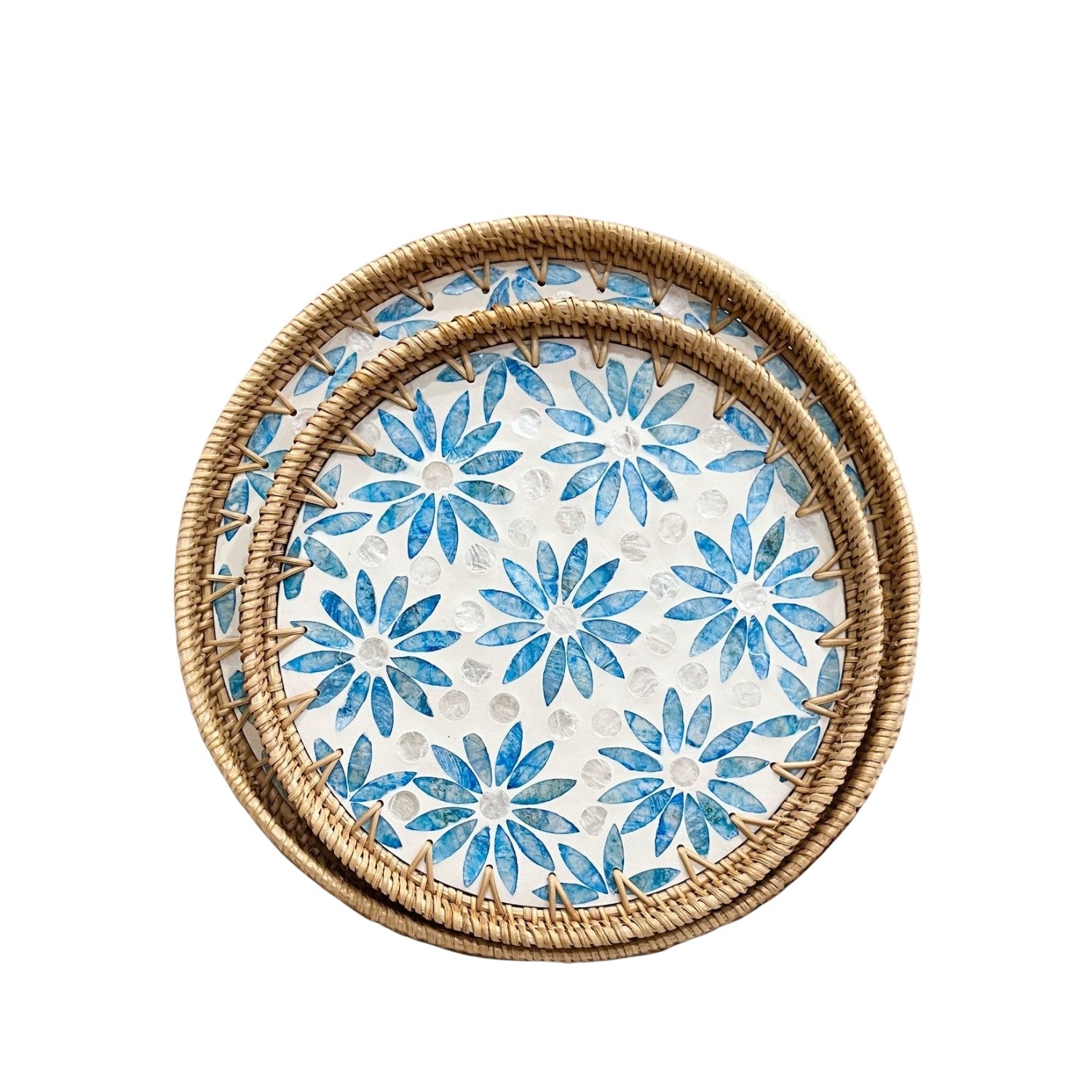Handcrafted Round Rattan Tray With Mother Of Pearl Inlay 1